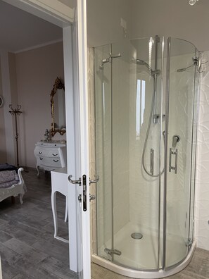 Shower, hair dryer, bidet, towels