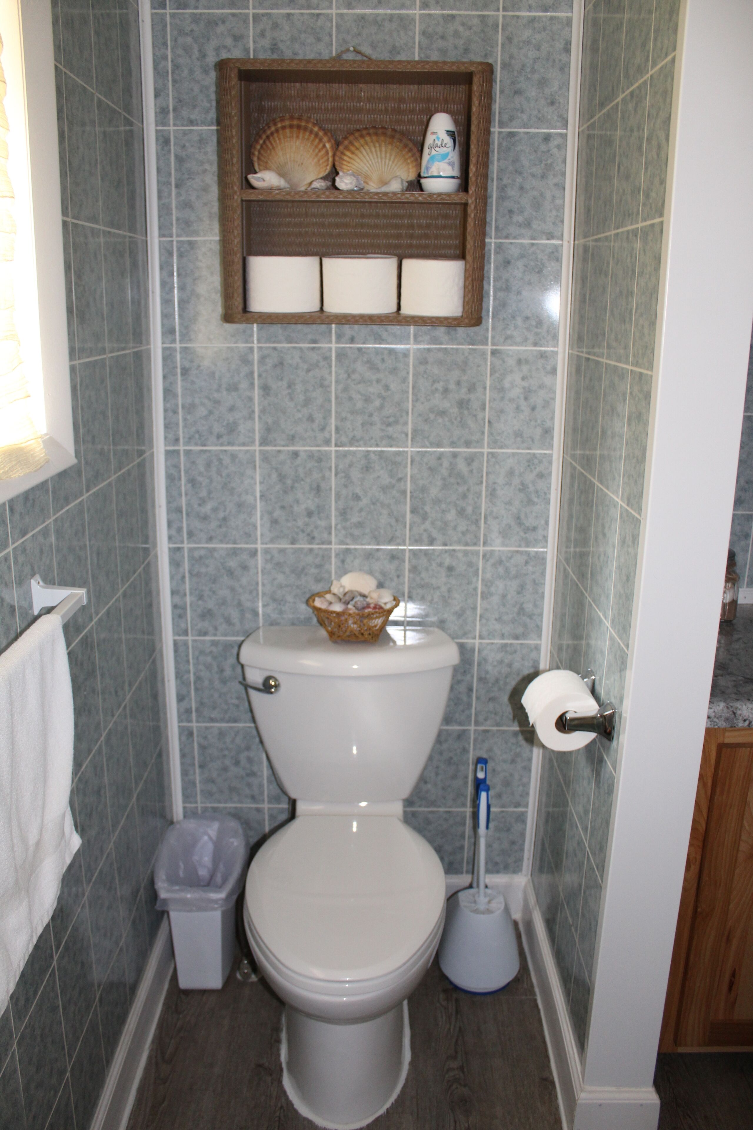 Une salle de bain comprenant des toilettes, une poubelle, une brosse à toilettes et une étagère avec des coquillages et une bouteille.