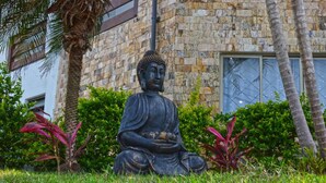 Una estatua de Buda en un jardín con un edificio de piedra al fondo.