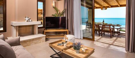 Smart TV, fireplace, books