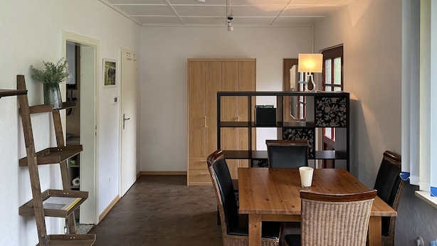 Un coin repas avec une table et des chaises en bois, une bibliothèque et un miroir.
