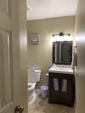 Tina, secadora de cabello, toallas, jabón 