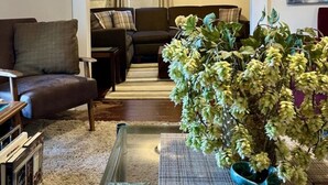 Ein Wohnzimmer mit einer Couch, Sesseln, einem Couchtisch und einer großen Zimmerpflanze.