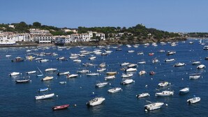 A coastal town with numerous boats docked in the harbor, buildings along the shore, and a clear blue sky.