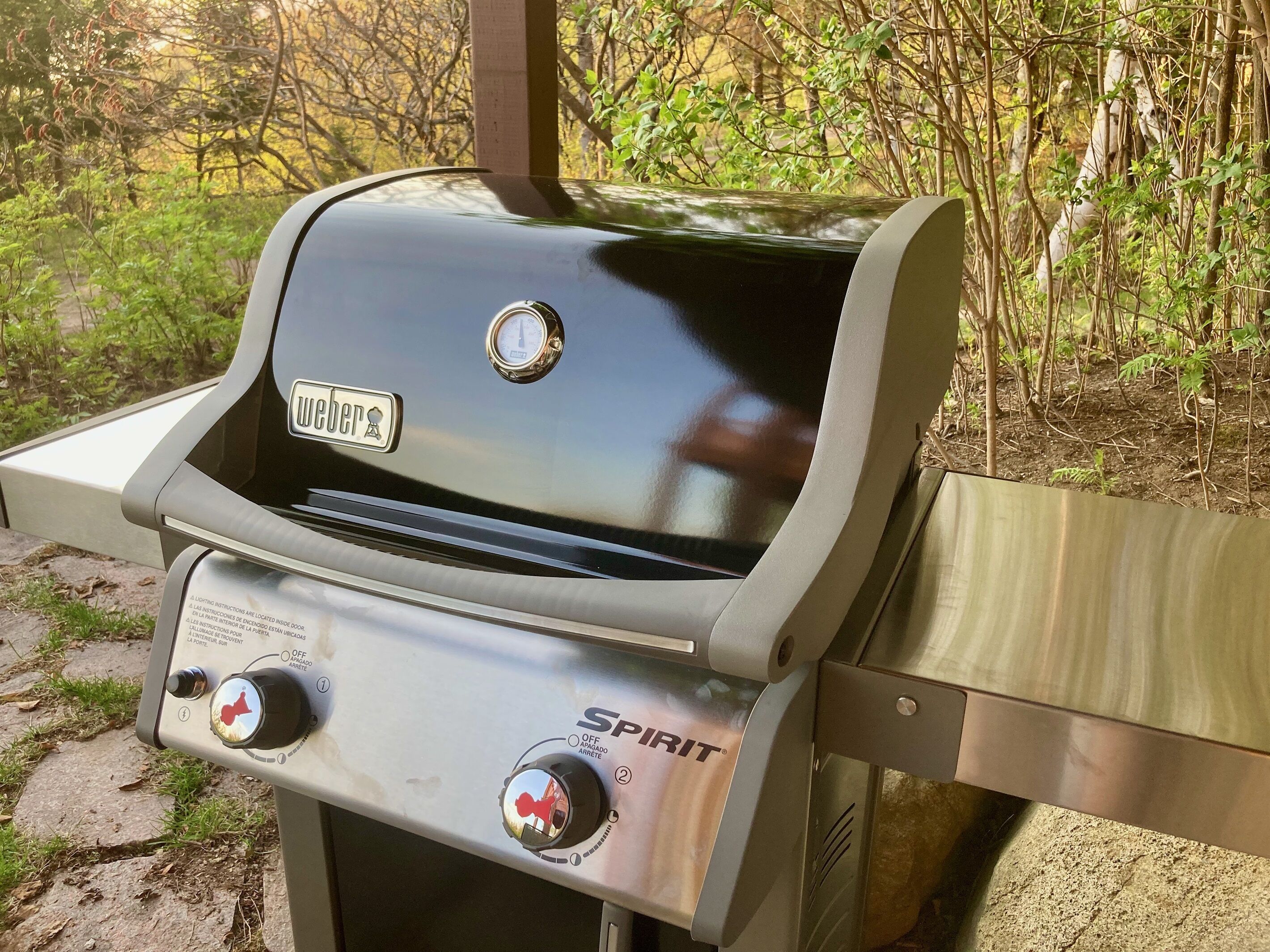 A Weber Spirit portable grill with a digital thermometer and control knobs, set against a natural backdrop.