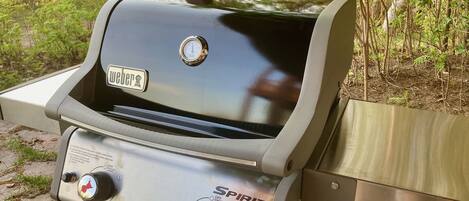 A Weber Spirit portable grill with a digital thermometer and control knobs, set against a natural backdrop.