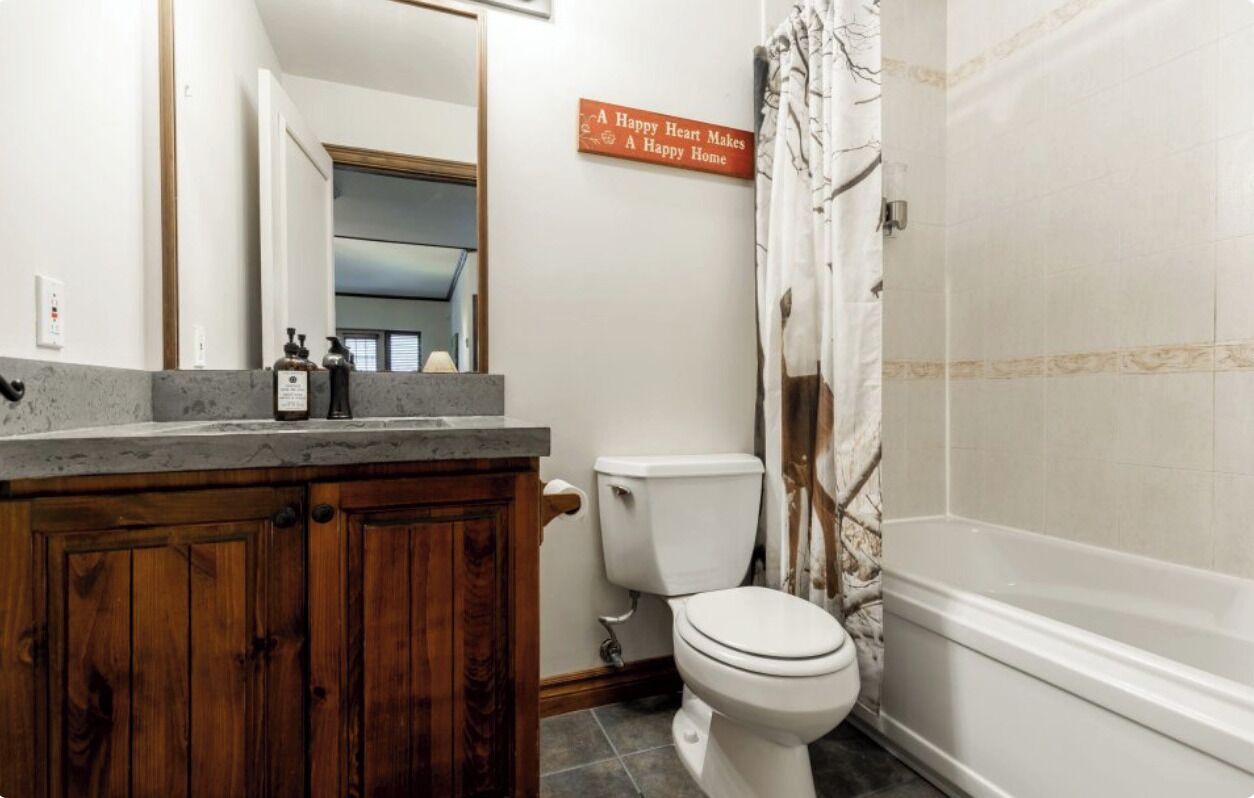 Une salle de bain avec un meuble-lavabo en bois, des toilettes blanches et un rideau de douche.