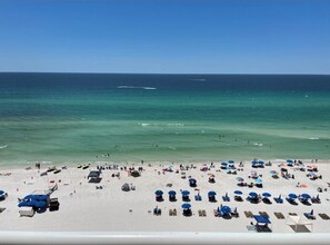 On the beach, sun loungers
