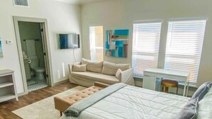 Une chambre à coucher avec un lit, un canapé, un bureau et une télévision.