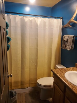 Ensemble douche/baignoire, sèche-cheveux, serviettes fournies, savon