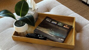 A wooden tray with a remote control, a book titled 'Nail Salon', and a potted plant on a beige sofa. - Waterfront home, steps to the beach in protected bay!  Birding, kayaking, swim. (Anacortes)