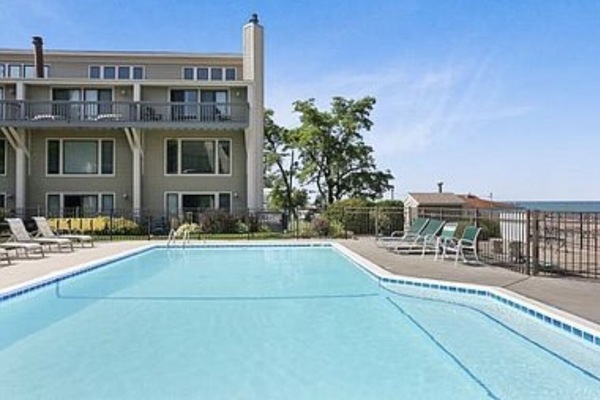Pool with lake views