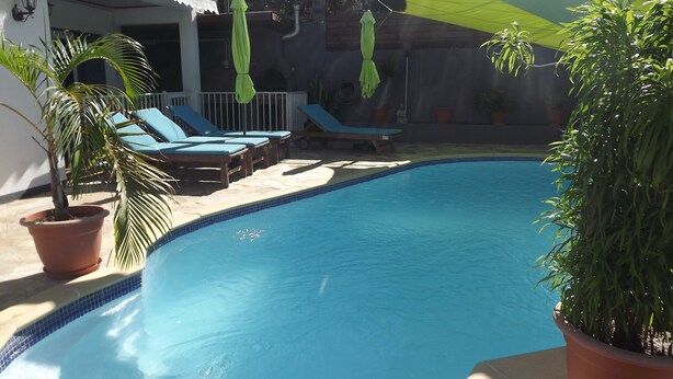A swimming pool with blue tiles, surrounded by lounge chairs and potted plants.