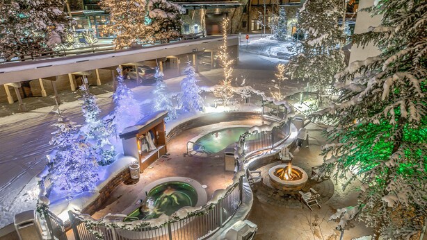 An indoor winter scene with snow-covered trees, a central fire pit area, and a pool.