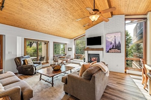 Flat-screen TV, fireplace
