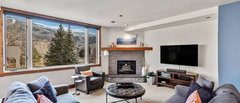 Smart TV, fireplace, books