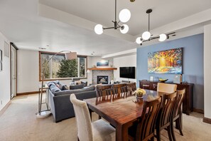 Smart TV, fireplace, books