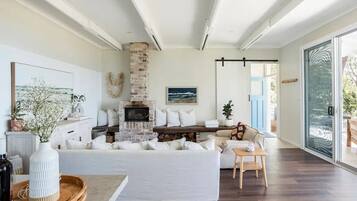 Smart TV, fireplace, books, stereo