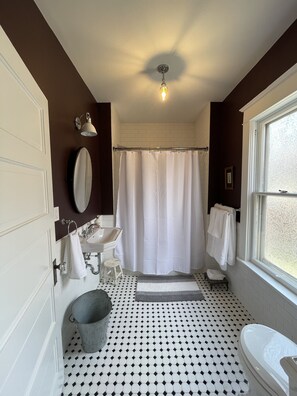 Combined shower/bathtub, hair dryer, towels