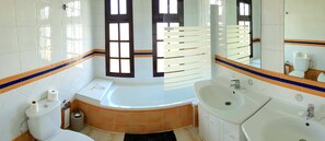 Combined shower/tub, hair dryer, bidet, towels