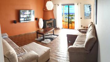 Smart TV, fireplace, video games, DVD player