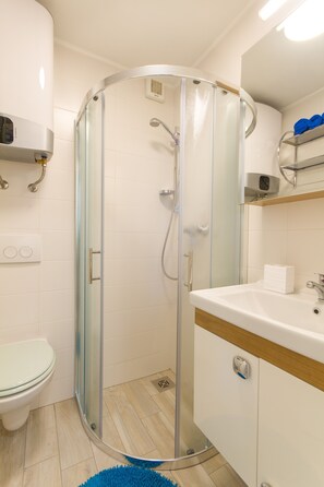 A modern bathroom with a glass-enclosed shower, a white toilet, and a sink with a wooden countertop.