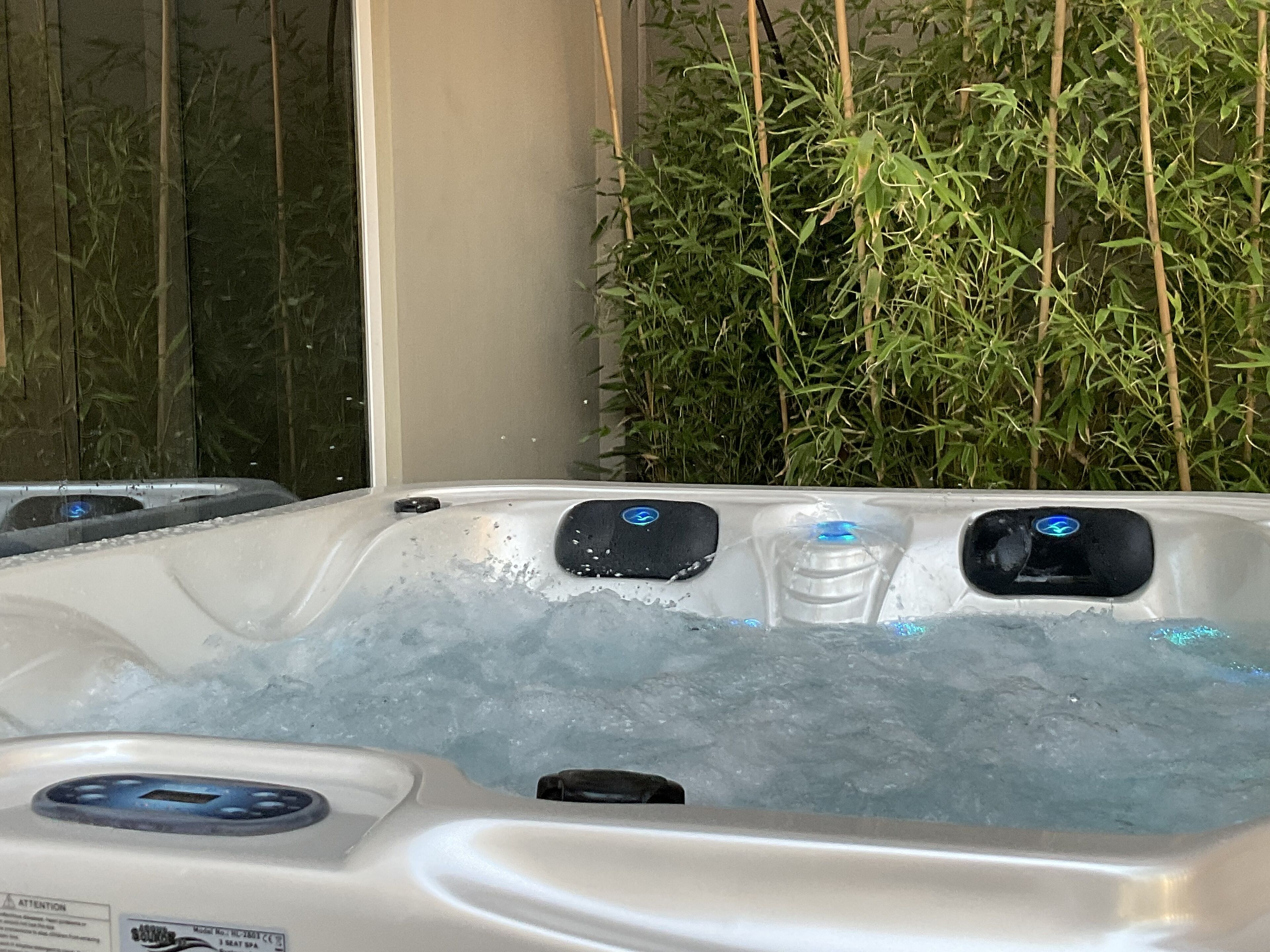 A hot tub with ice, surrounded by bamboo plants.