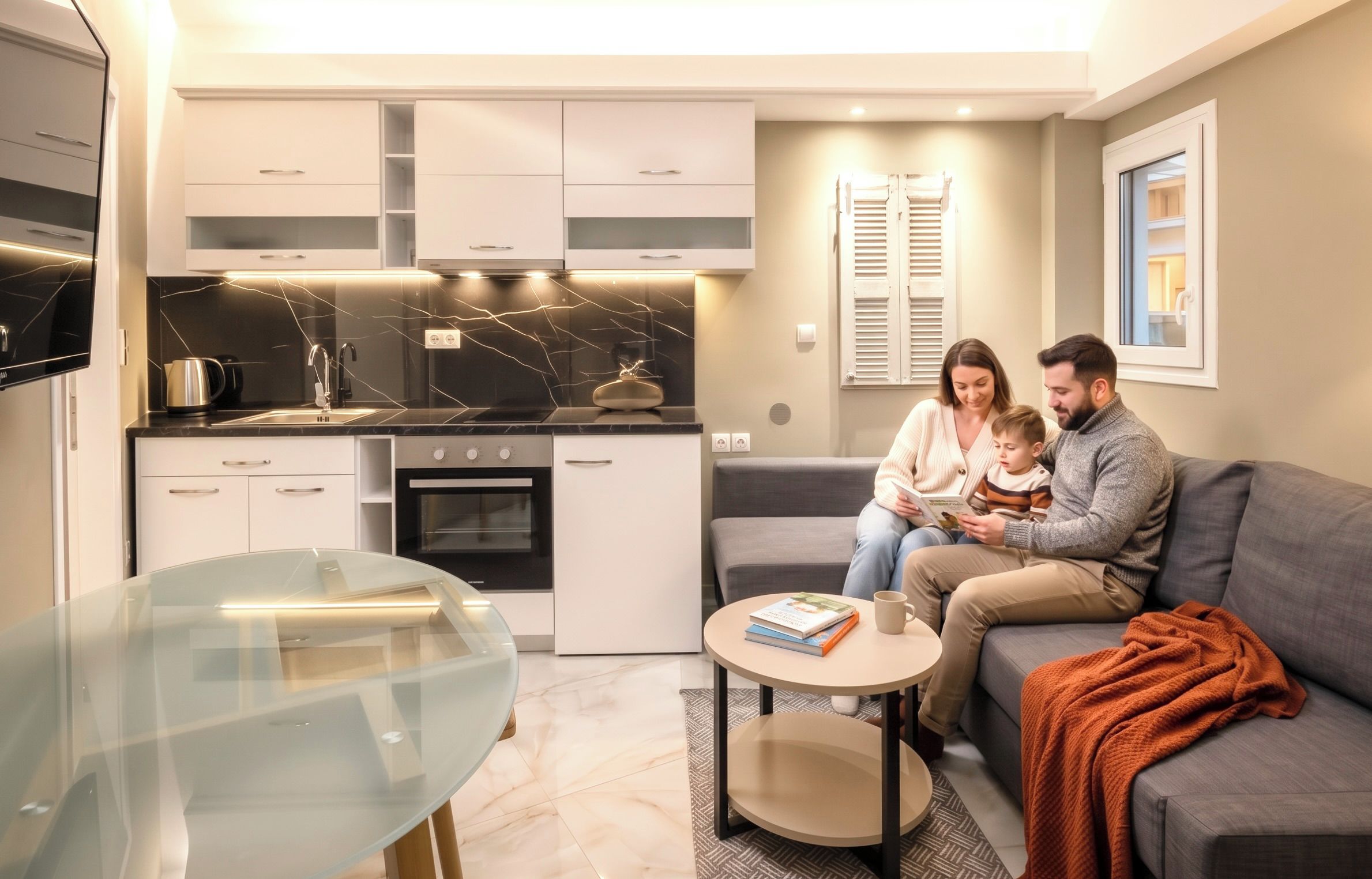 A modern kitchen with white cabinets, a black countertop, and a glass dining table.