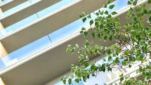 Ein modernes Gebäude mit mehreren Balkonen und einem Baum im Vordergrund.