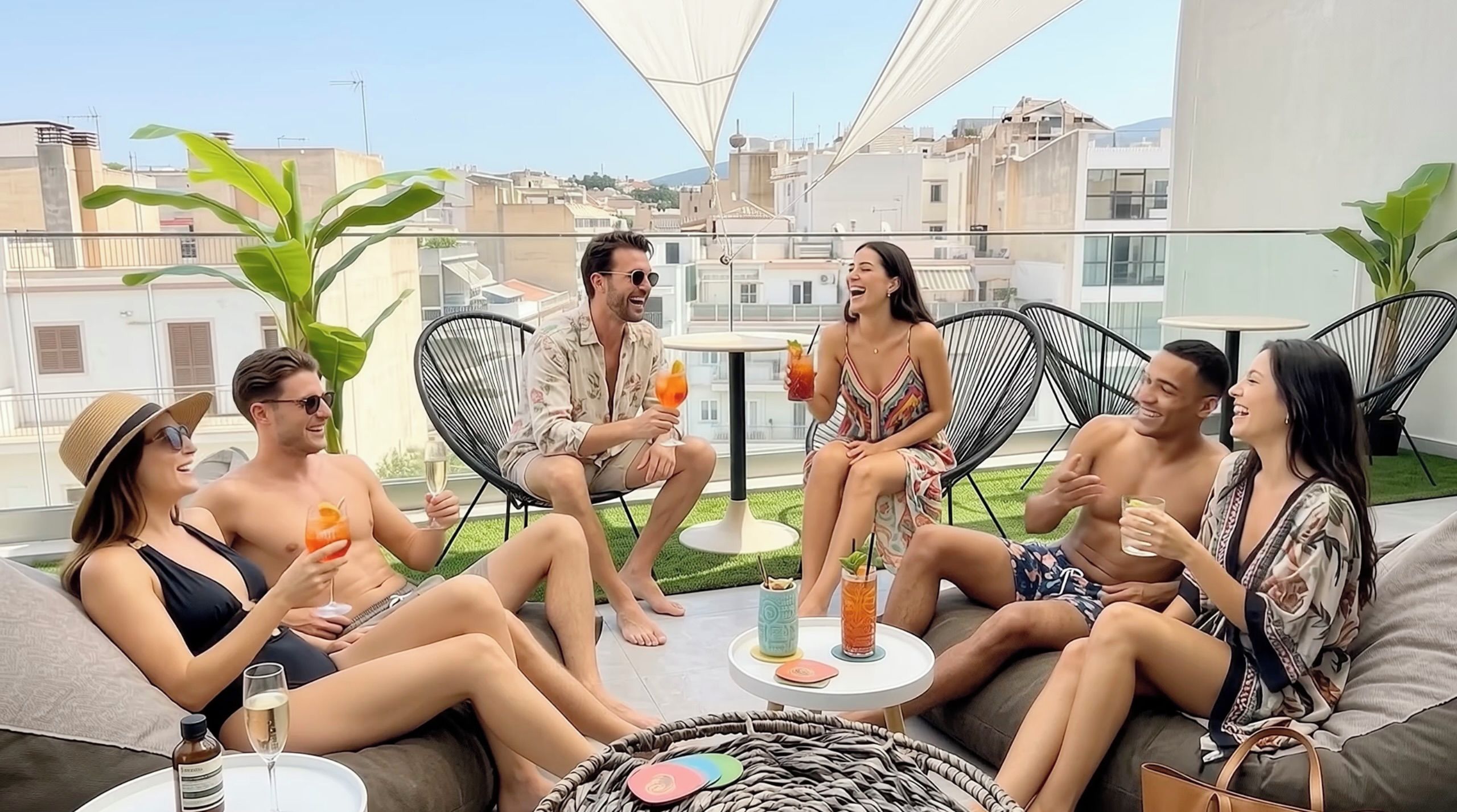 Un grupo de personas sentadas en muebles de exterior, disfrutando de bebidas en una terraza en la azotea con vistas a la ciudad.