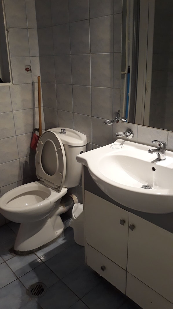 Een badkamer met toilet, wastafel en spiegel.