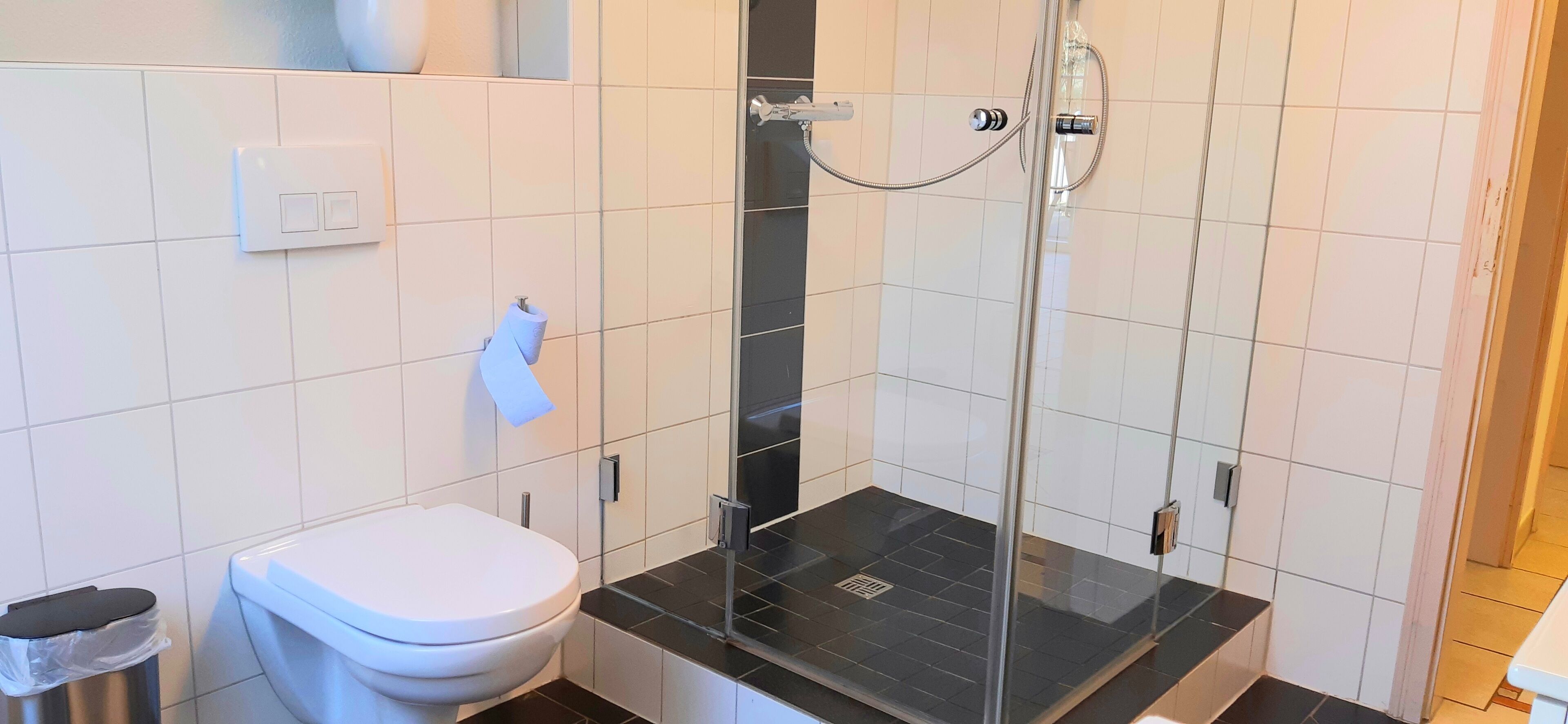 Une salle de bain comprenant des toilettes, un espace douche et un porte-rouleau de papier toilette.