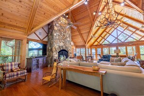 Smart TV, fireplace, video games, DVD player