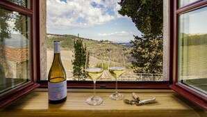 A bottle of wine and two glasses on a windowsill with a vineyard view. - La pietra del cabreo (Greve in Chianti)
