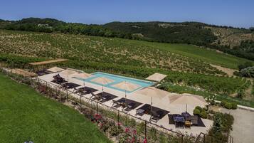 A pool area with sun loungers and umbrellas, surrounded by a landscaped garden and vineyards.