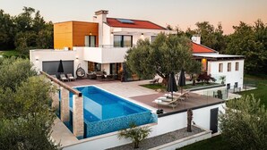 A modern two-story house with a swimming pool, outdoor seating, and a garden. - Stylish Villa Pedena with a pool and a gym (Sveta Katarina)