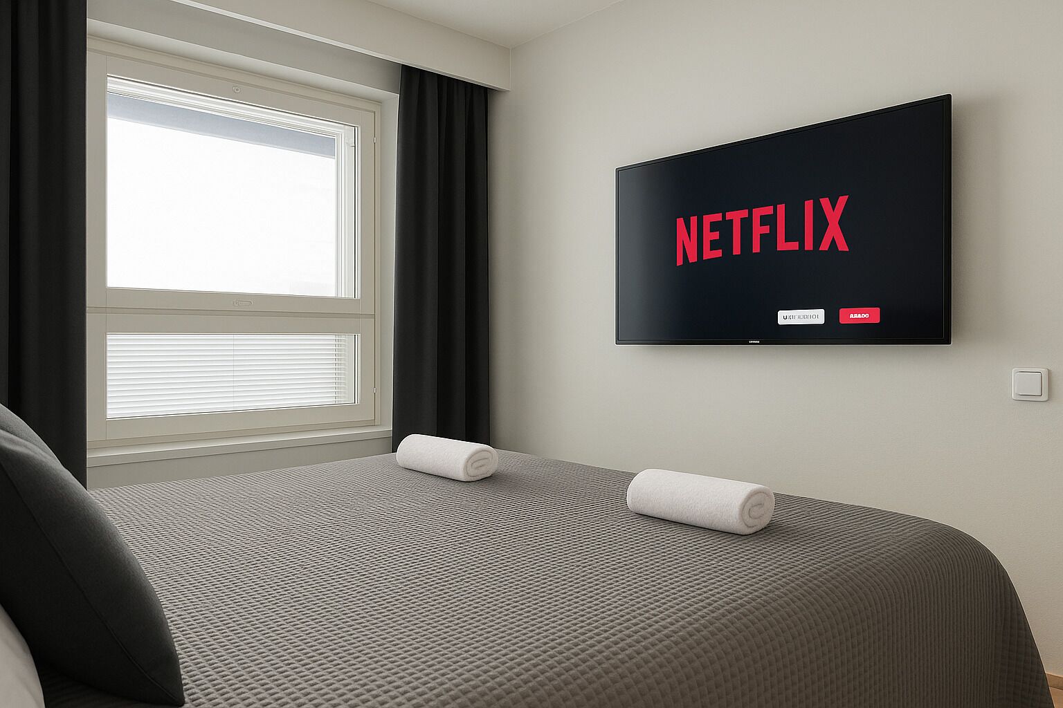 Una habitación de hotel con una cama, una ventana con cortinas, un televisor de pared mostrando 'NETFLIX' y dos toallas enrolladas sobre la cama.