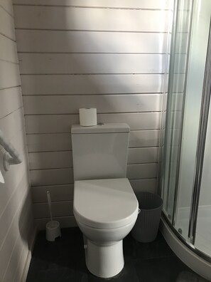 A bathroom with a toilet, a roll of toilet paper, a trash bin, and a shower area. - Lovely 1-bed House in Fochabers, Scotland (Fochabers)