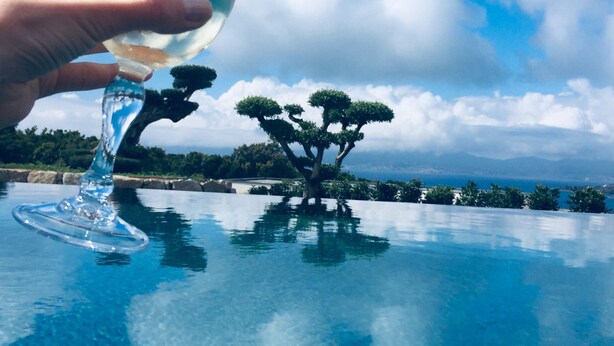 Eine Hand hält ein Weinglas über einem Pool, in dem sich ein Baum spiegelt, unter blauem Himmel.