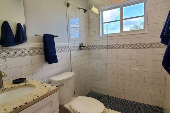 A bathroom with a toilet, sink, and shower area.