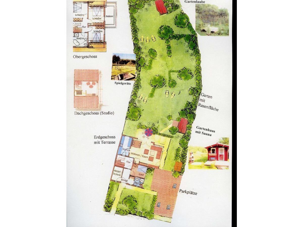 Distribución detallada de un hotel con secciones diferenciadas para planta superior, ático (estudio) y planta baja con terraza.