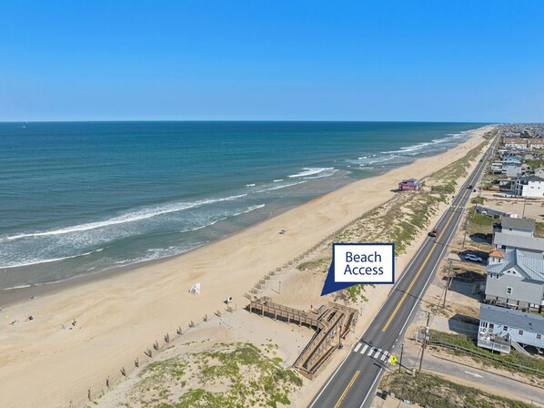 A beach with a road running parallel to it, a beach access sign, and houses along the road.