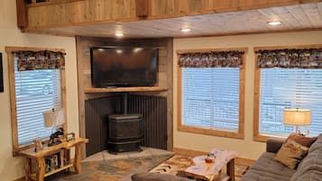 Una Smart TV, una chimenea, un reproductor de DVD, libros