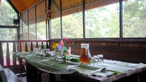 Una mesa de comedor con mantel verde, cubiertos y una jarra de té.