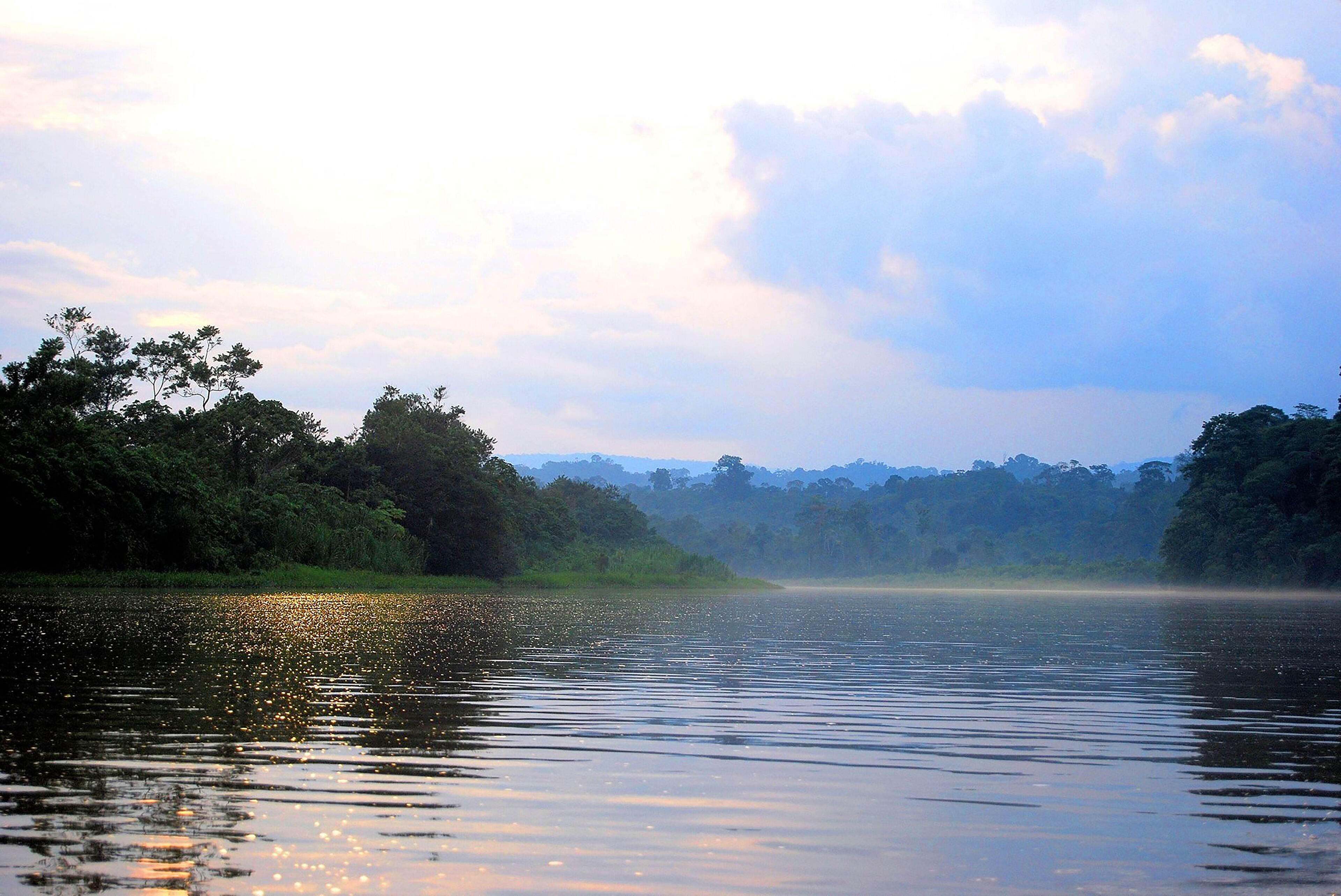 A calm river with reflections of trees and a misty horizon.