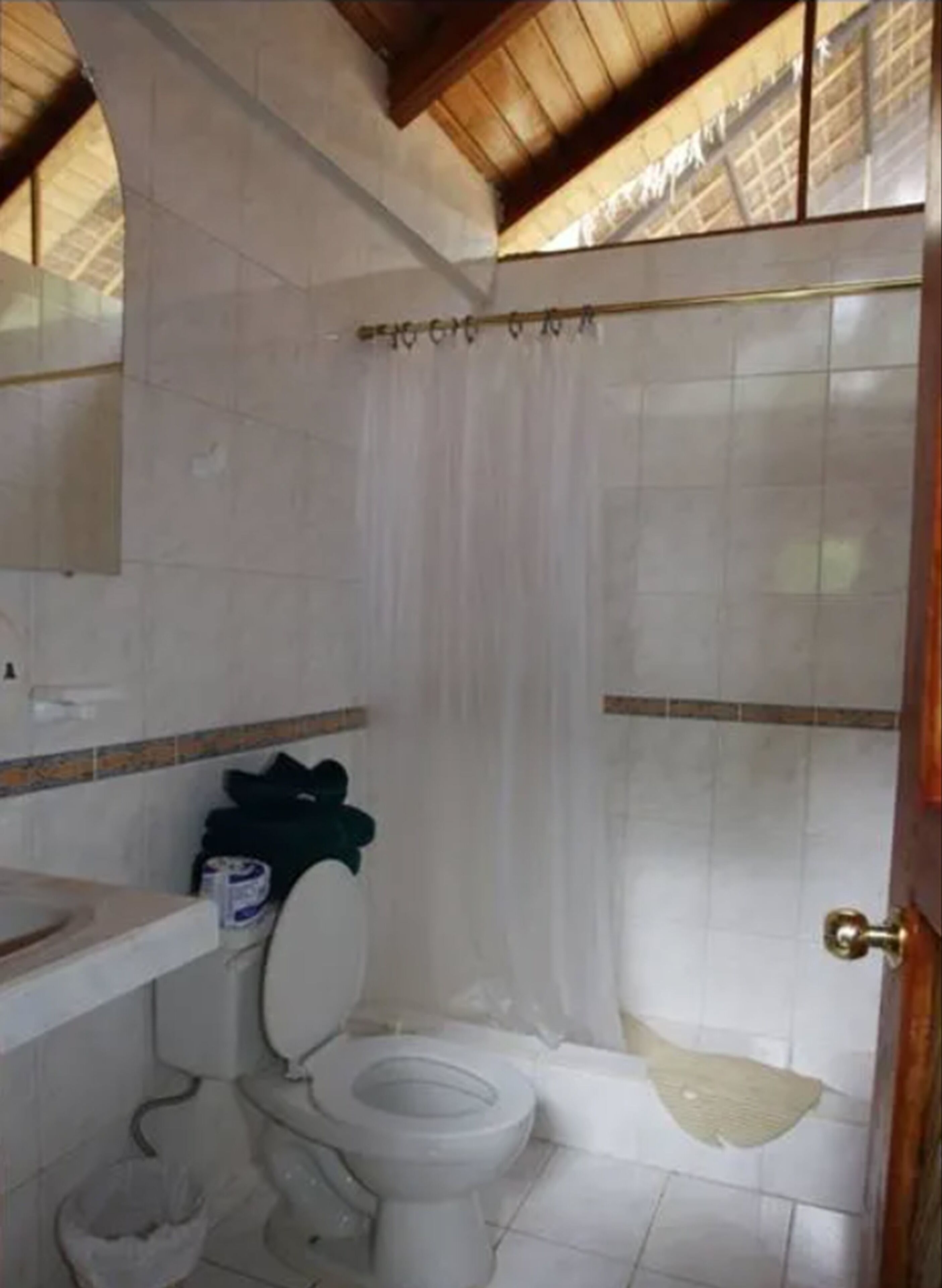 Un baño con inodoro, ducha y paredes de azulejos.
