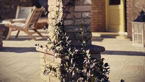 Un pilier de pierre orné de plantes grimpantes, une chaise en bois et une porte dans un bâtiment à l’aspect rustique.
