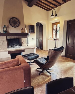 TV connectée, cheminée, livres, chaîne hi-fi