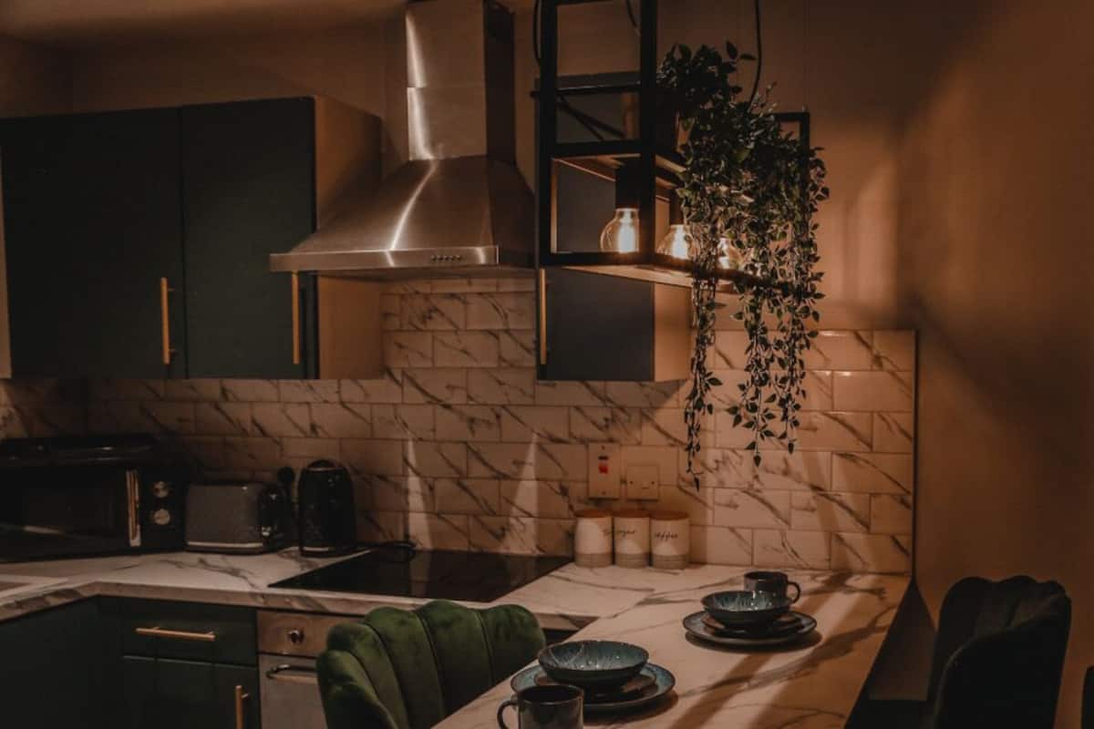 A modern kitchen with dark cabinets, a marble backsplash, and a hanging plant.