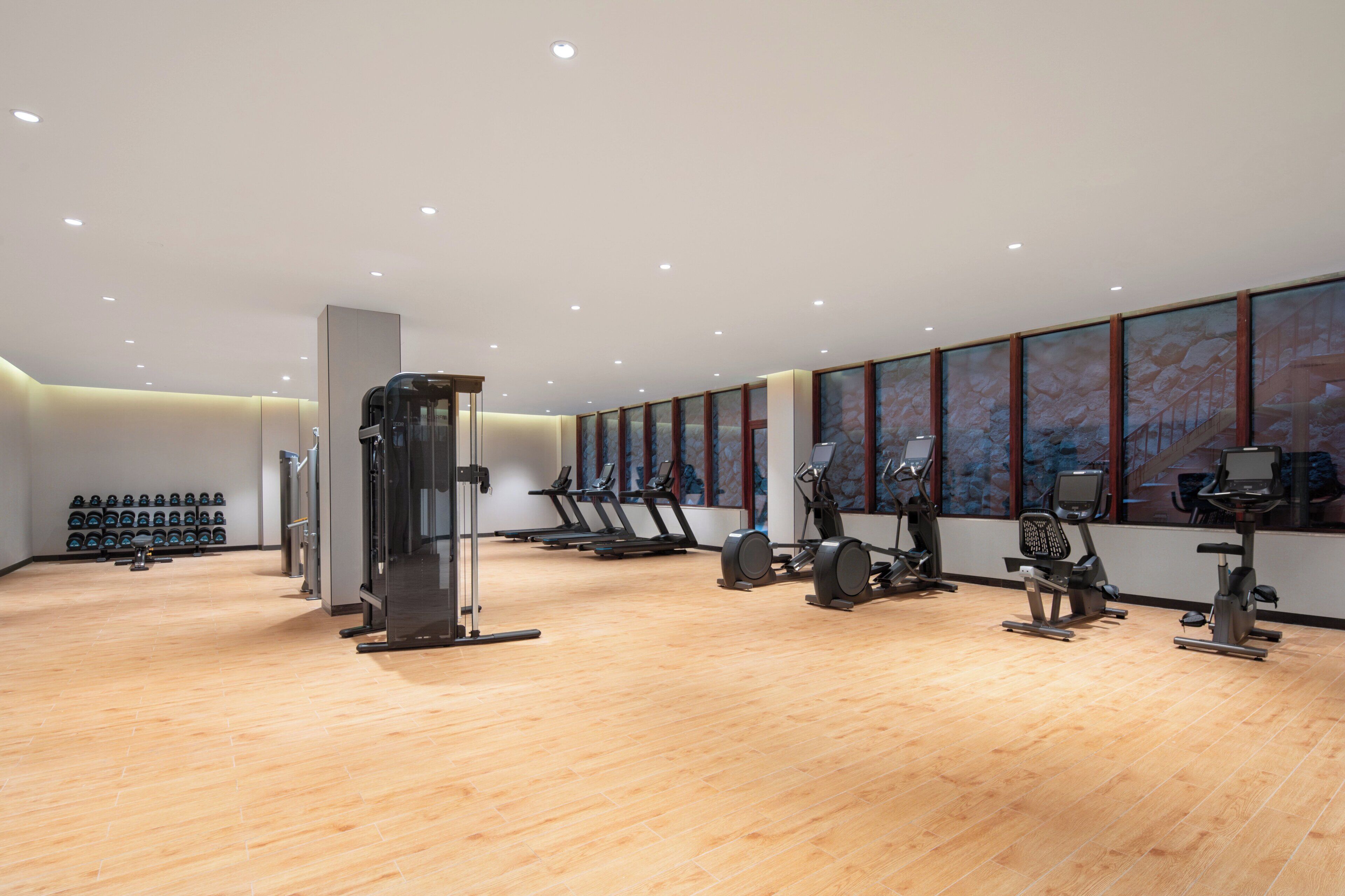 A gym with various exercise equipment, including treadmills and weight machines, and a wall with a large abstract painting.